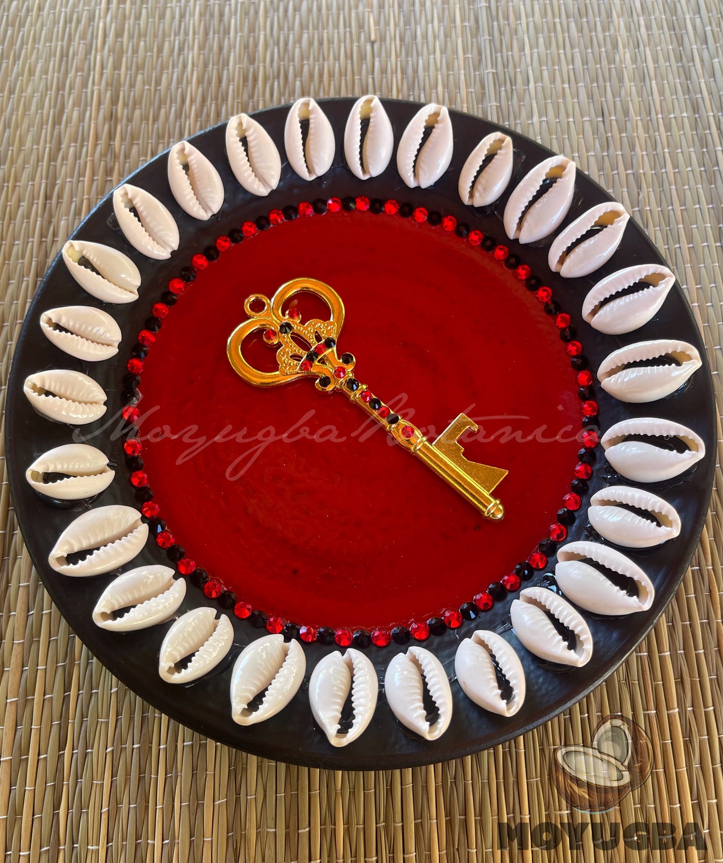 Eleggua Offering Plate with Cowrie Shells/Rhinestones - 6"