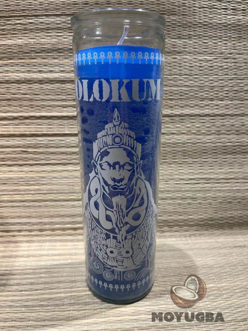 Blue and White Orisha Olokun/Olokum Candle - Handcrafted Spiritual Offering
