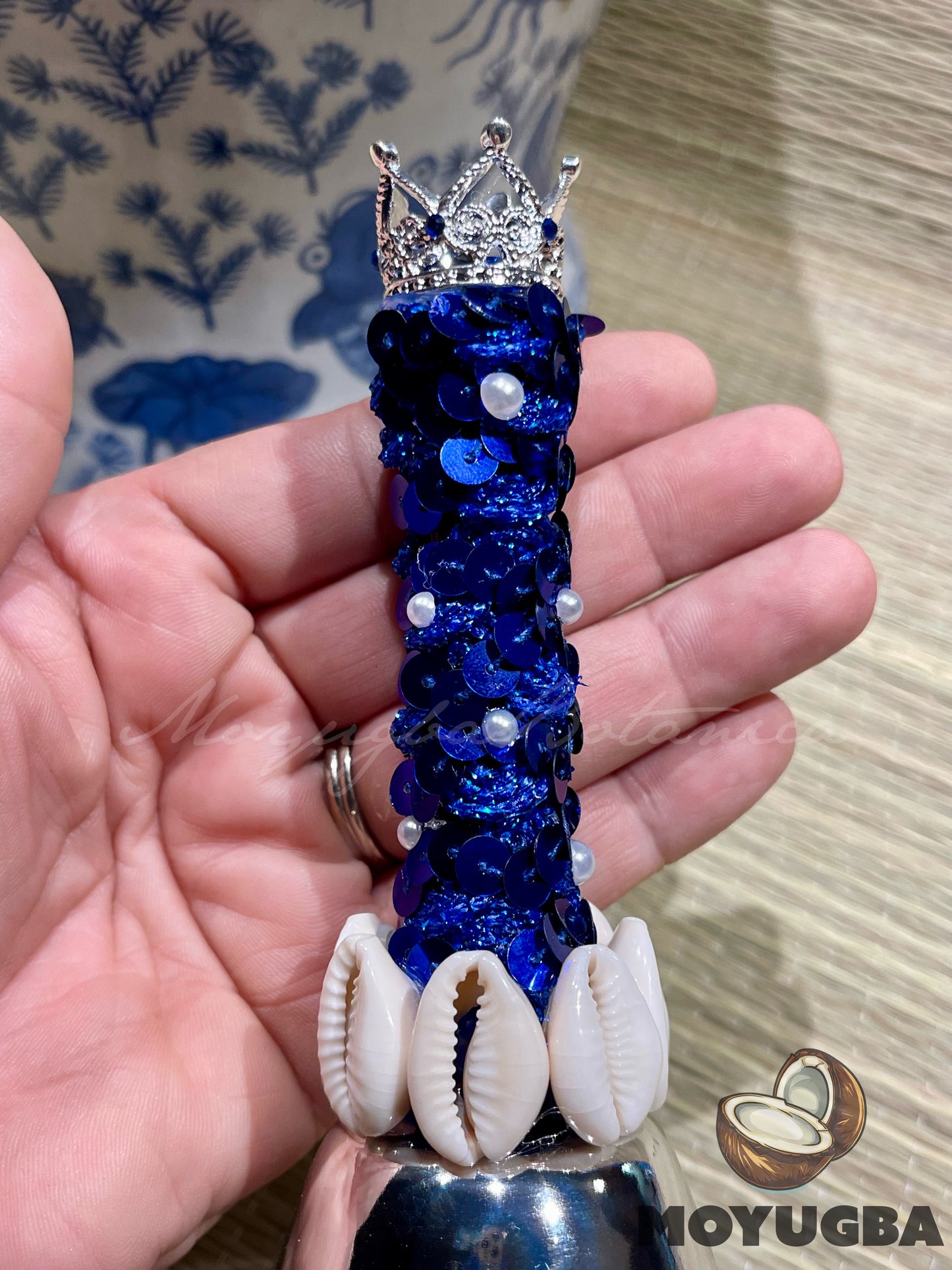 Silver Olokun Yemaya Bell with Rhinestones, Pearls & Cowrie Shells