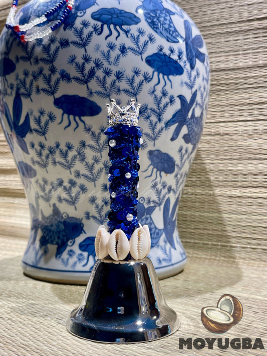 Silver Olokun Yemaya Bell with Rhinestones, Pearls & Cowrie Shells
