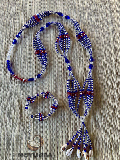 YEMAYA OKUTE Blue/Red Set - Seed Beaded Mazo and Ilde