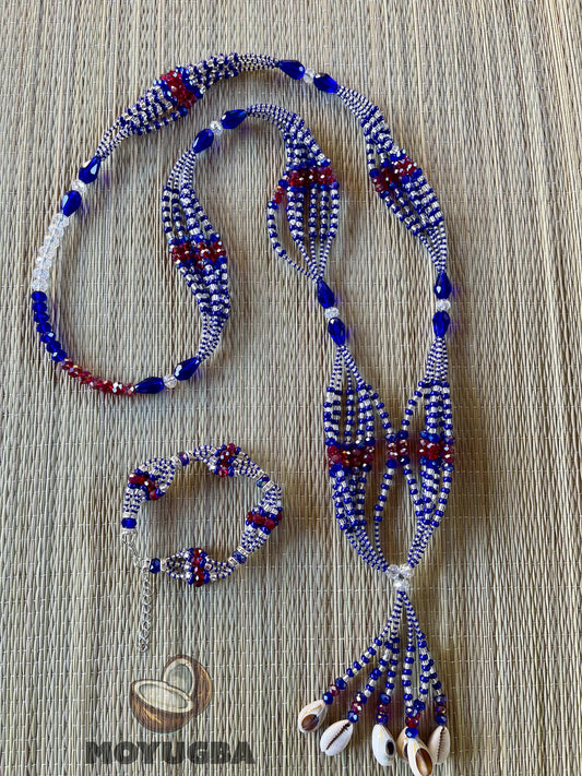 YEMAYA OKUTE Blue/Red Set - Seed Beaded Mazo and Ilde