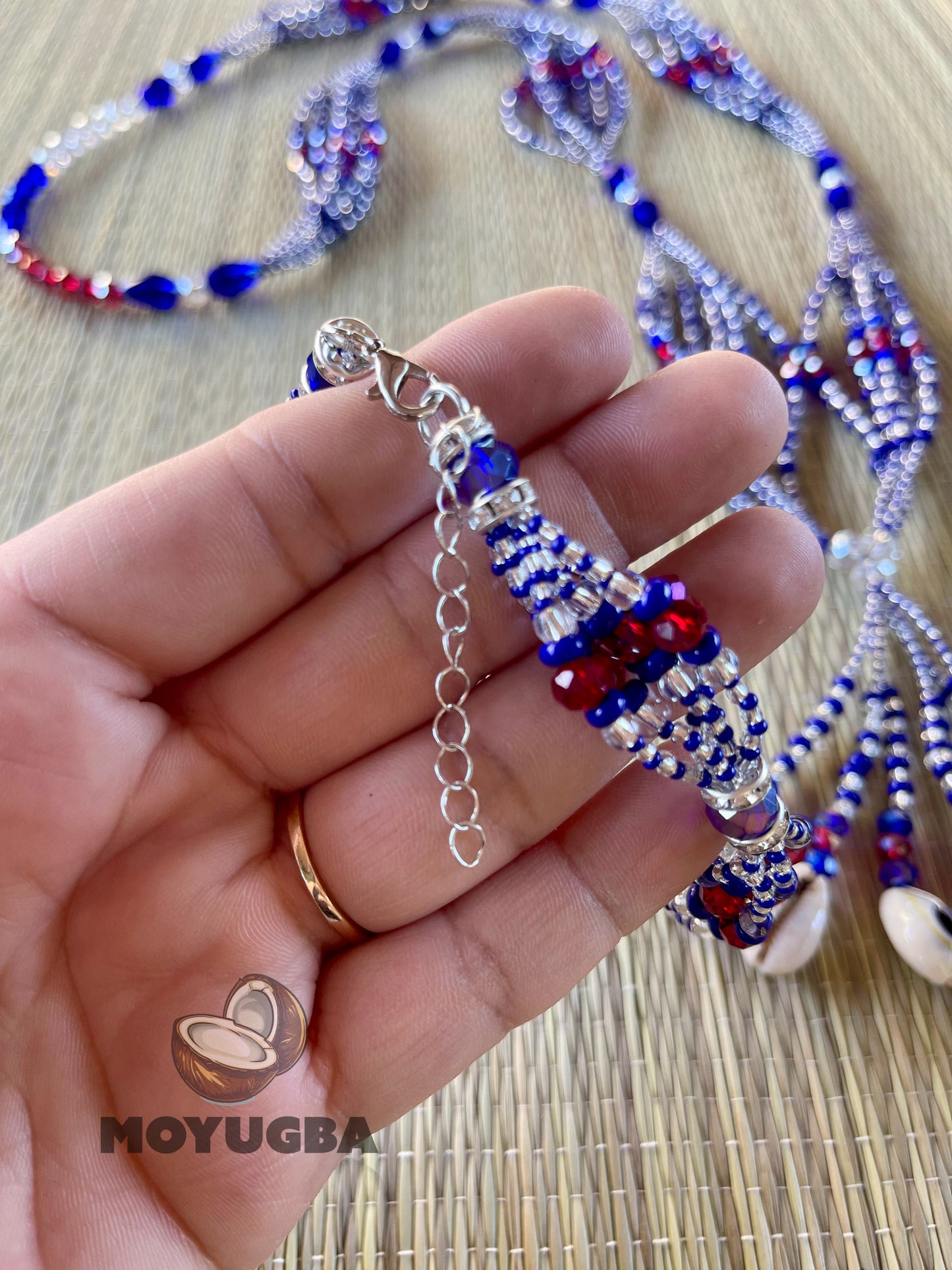 YEMAYA OKUTE Blue/Red Set - Seed Beaded Mazo and Ilde