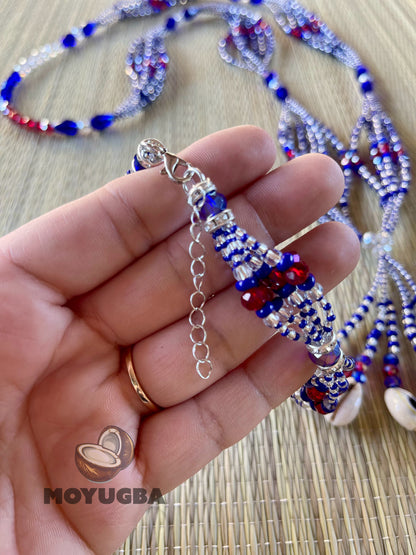 YEMAYA OKUTE Blue/Red Set - Seed Beaded Mazo and Ilde