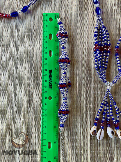 YEMAYA OKUTE Blue/Red Set - Seed Beaded Mazo and Ilde