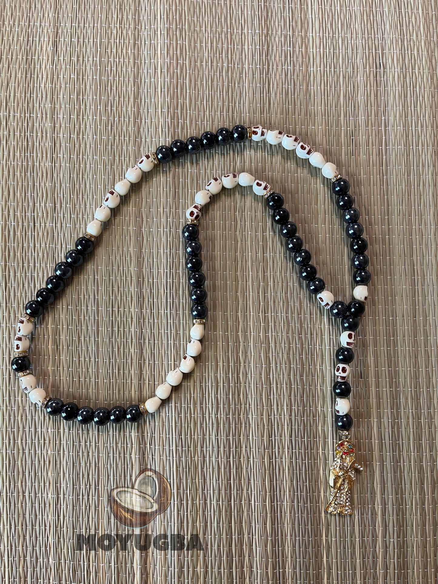 Santa Muerte Rosary -Skull/Black Shiny Beads - Multi Color Pendent