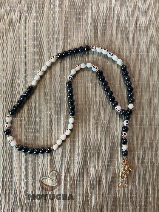 Santa Muerte Rosary -Skull/Black Shiny Beads - Multi Color Pendent