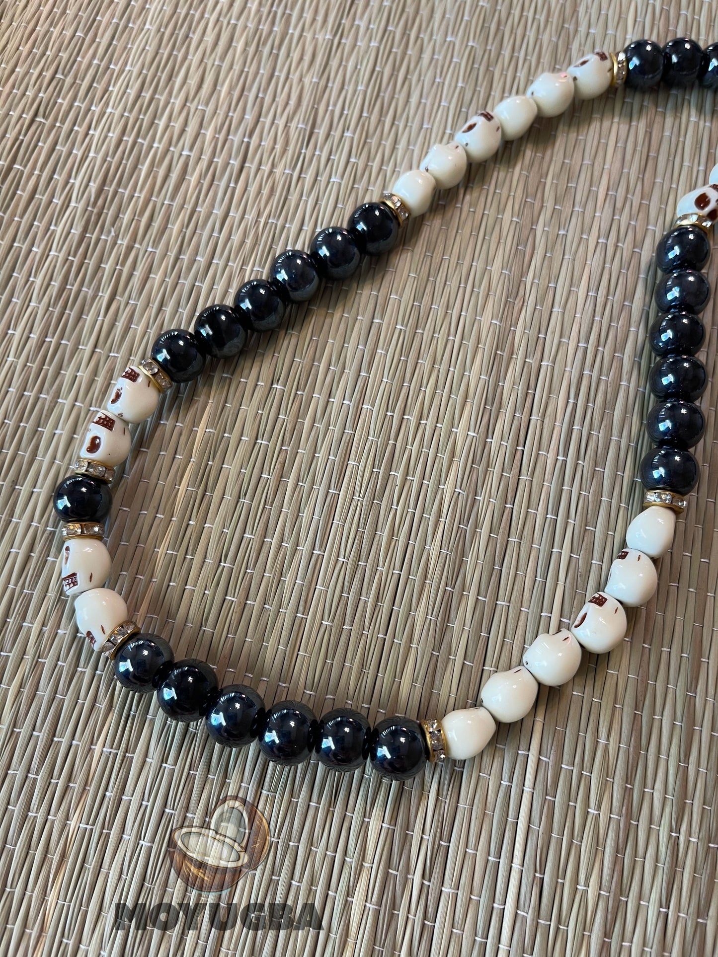 Santa Muerte Rosary -Skull/Black Shiny Beads - Multi Color Pendent