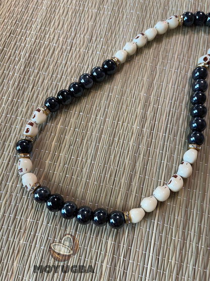 Santa Muerte Rosary -Skull/Black Shiny Beads - Multi Color Pendent