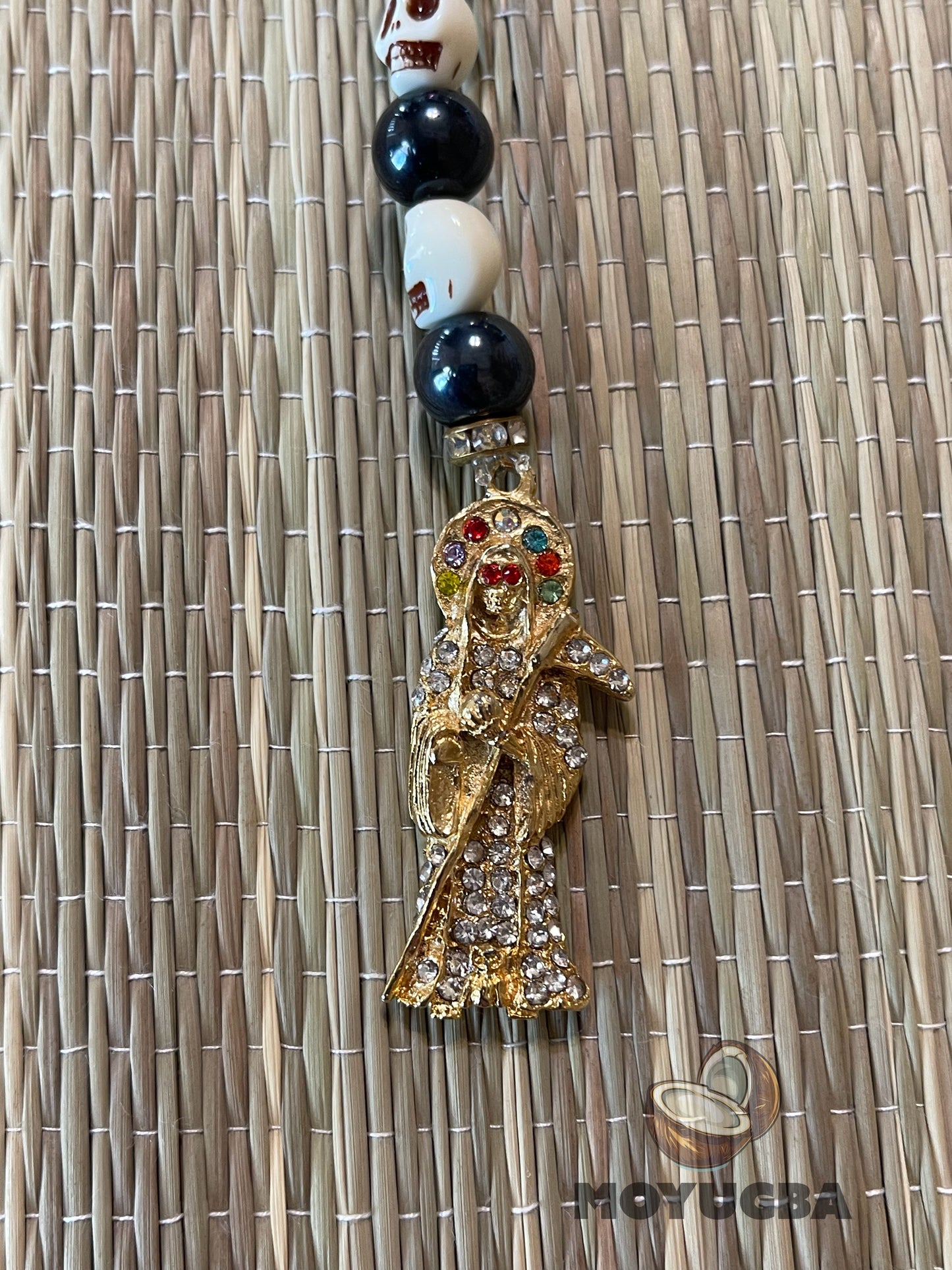 Santa Muerte Rosary -Skull/Black Shiny Beads - Multi Color Pendent
