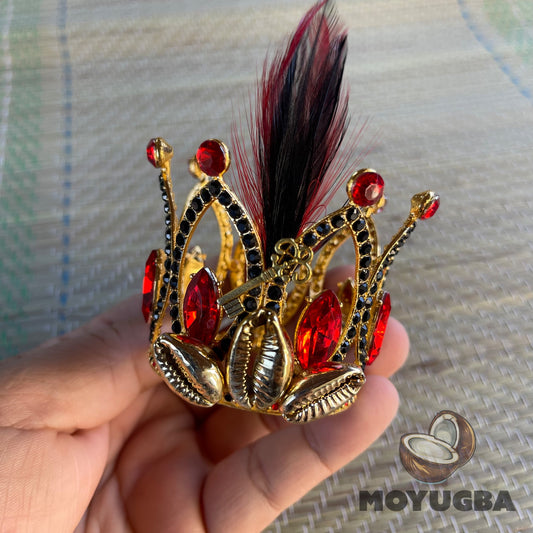 ELEGGUA Crown with Golden Cowrie Shells and Feathers