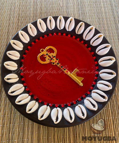 Eleggua Offering Plate with Cowrie Shells/Rhinestones - 6"