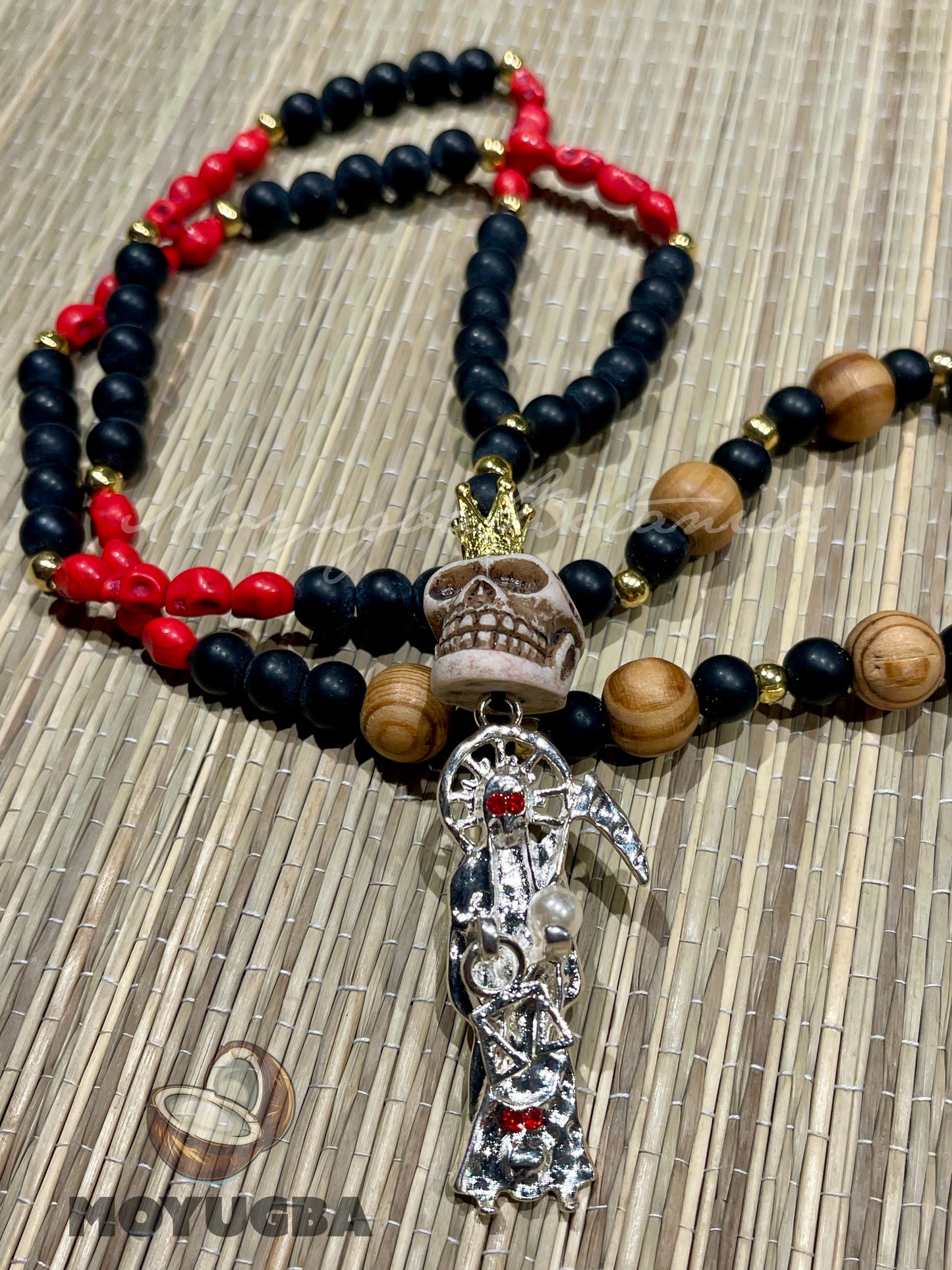 Santa Muerte Red Skull Rosary with Wood Beads