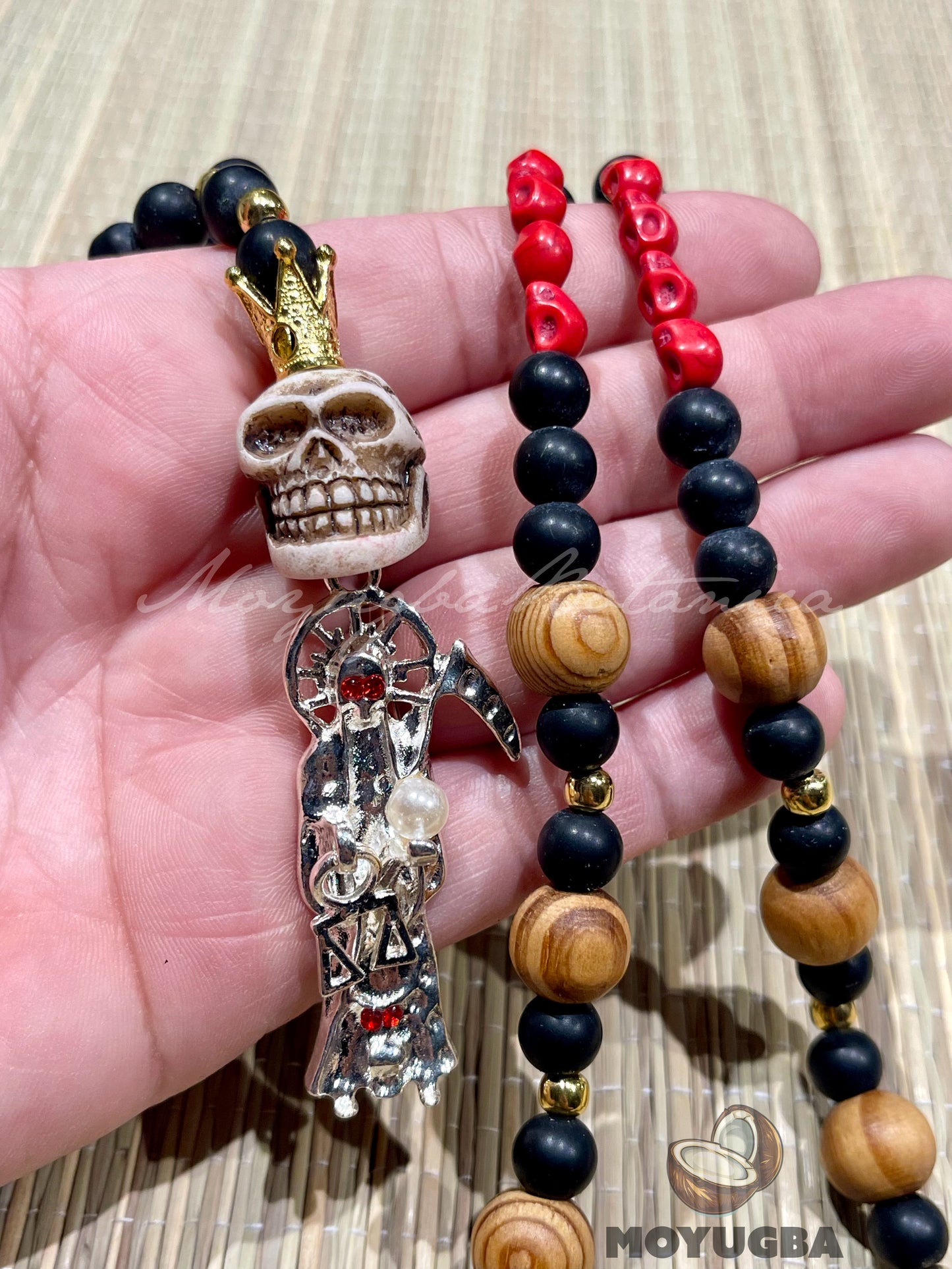 Santa Muerte Red Skull Rosary with Wood Beads