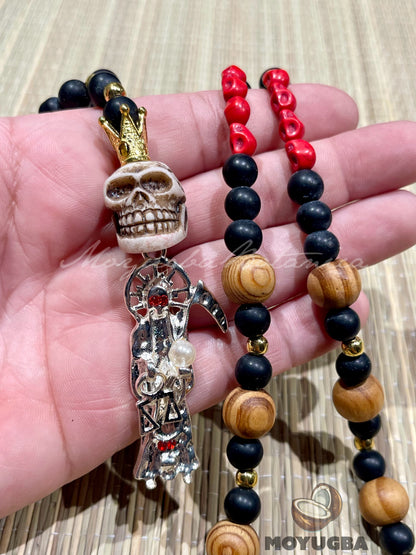 Santa Muerte Red Skull Rosary with Wood Beads