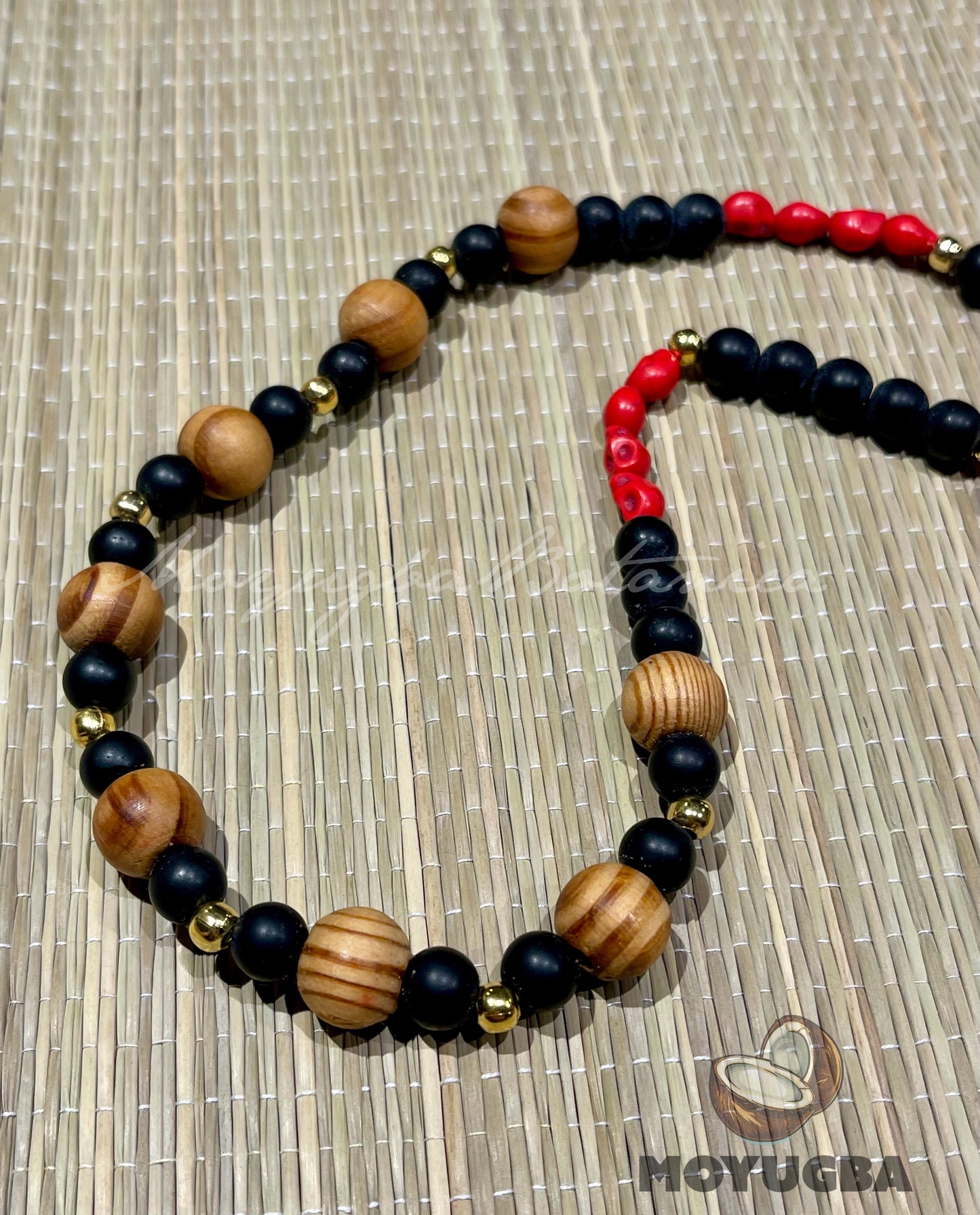 Santa Muerte Red Skull Rosary with Wood Beads