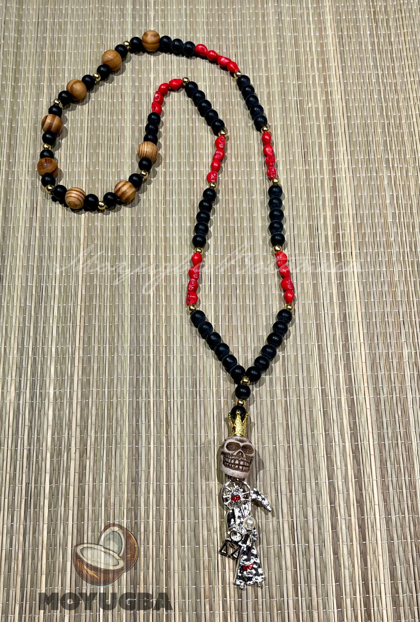 Santa Muerte Red Skull Rosary with Wood Beads