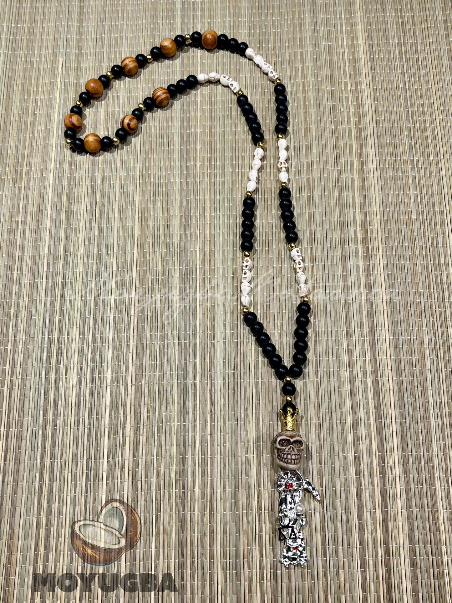 Santa Muerte White Skull Rosary with Wood Beads