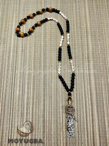 Santa Muerte White Skull Rosary with Wood Beads