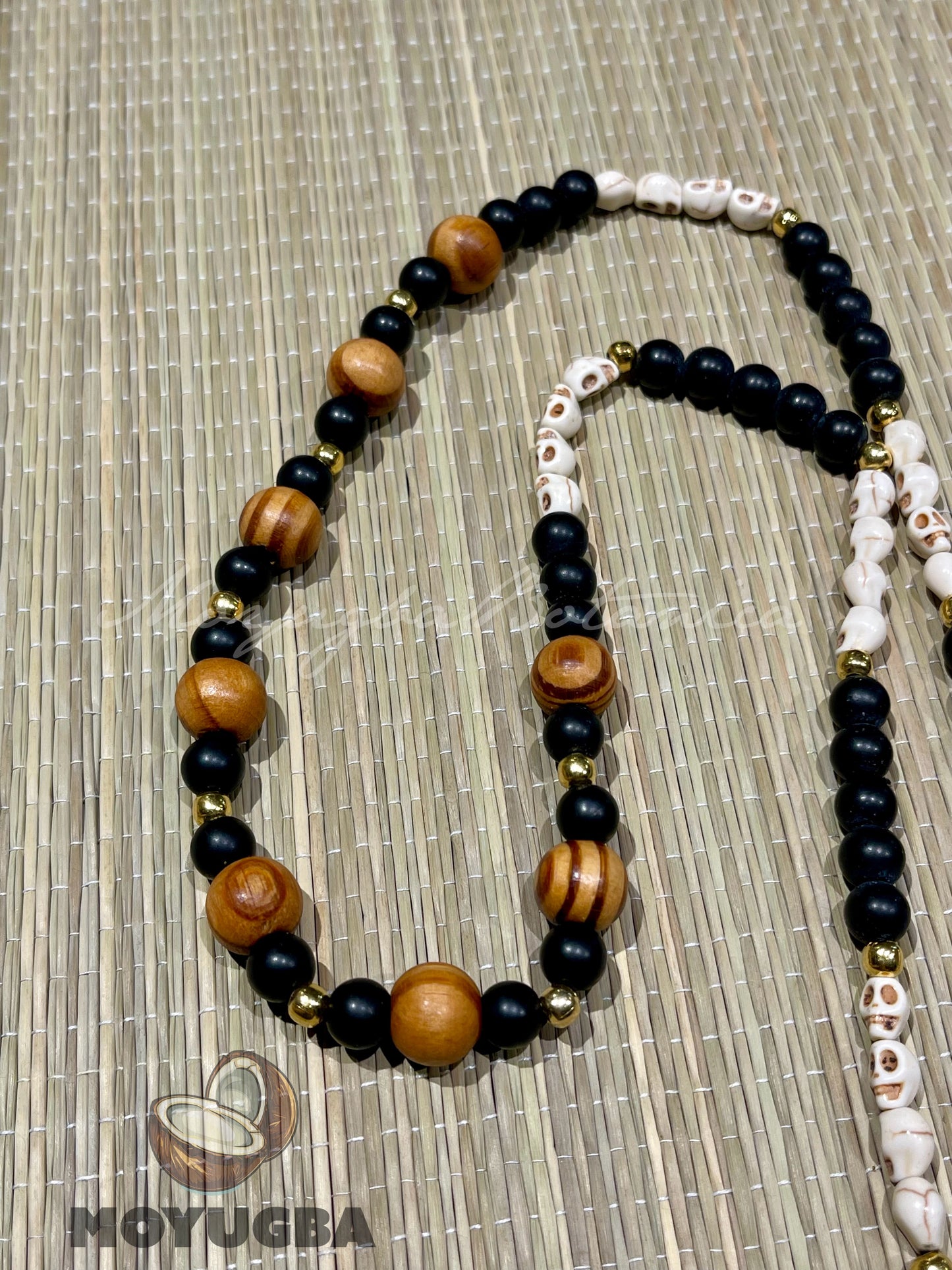 Santa Muerte White Skull Rosary with Wood Beads