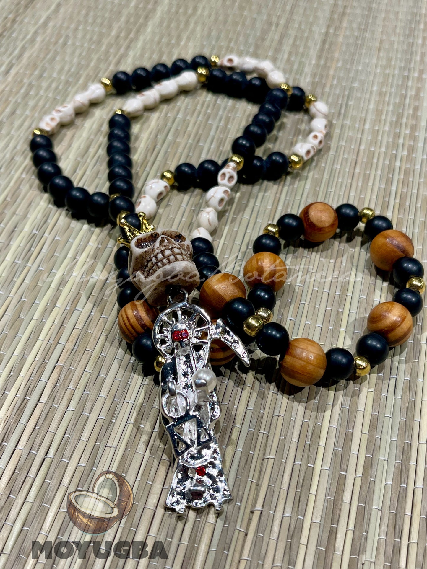 Santa Muerte White Skull Rosary with Wood Beads