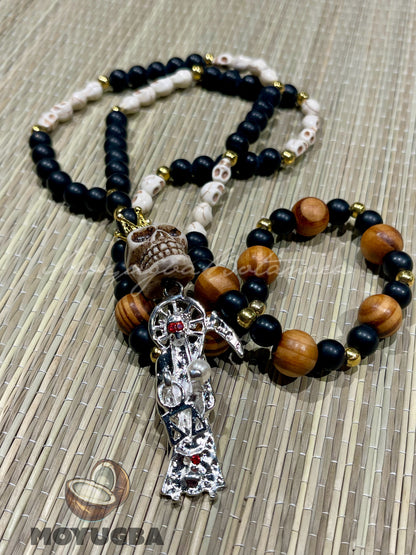 Santa Muerte White Skull Rosary with Wood Beads