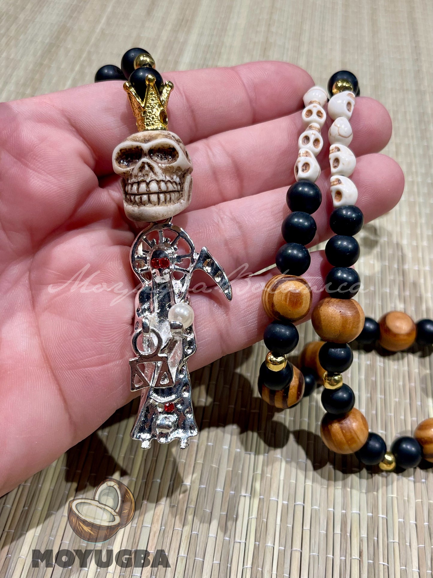 Santa Muerte White Skull Rosary with Wood Beads