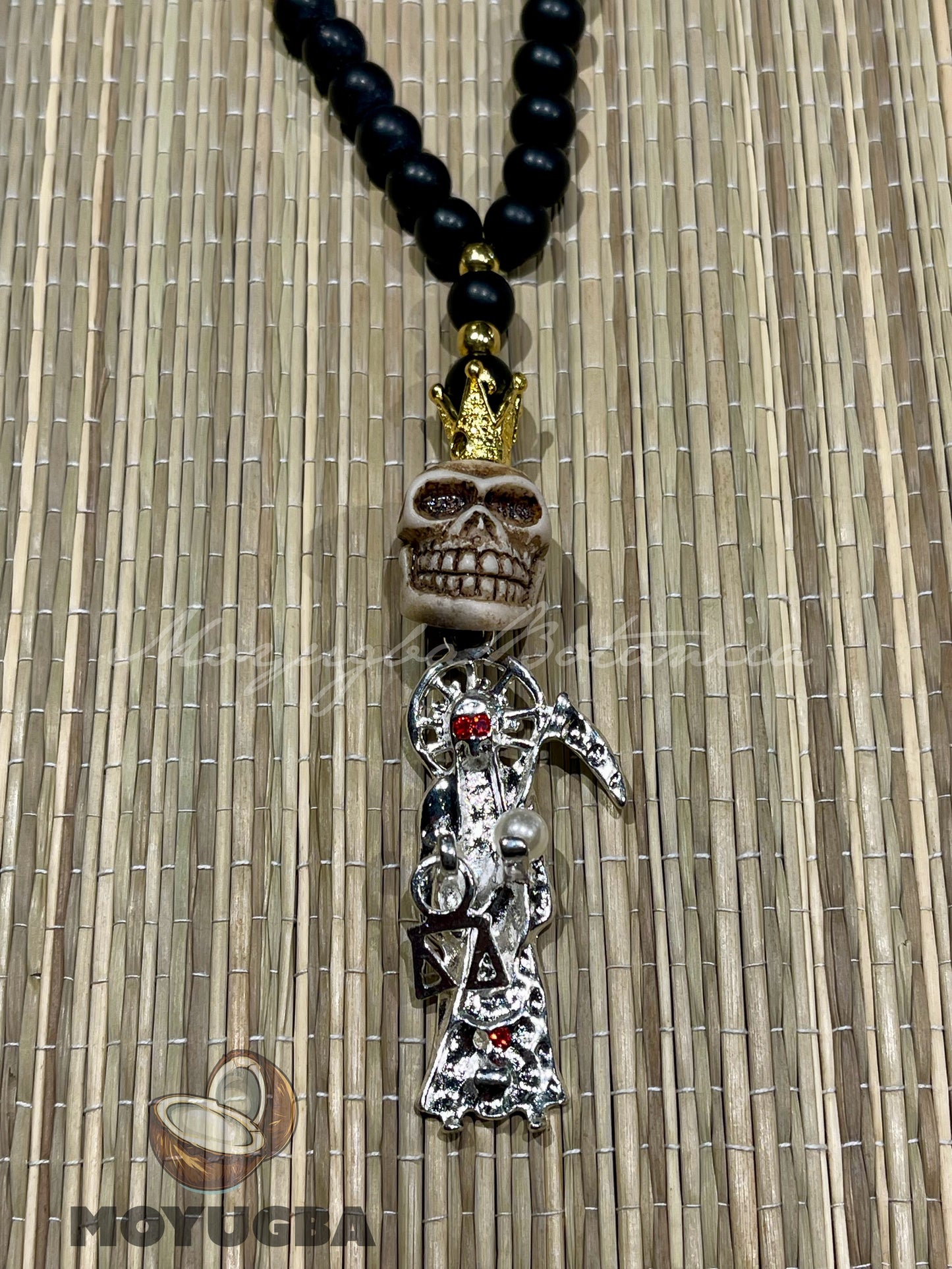 Santa Muerte White Skull Rosary with Wood Beads