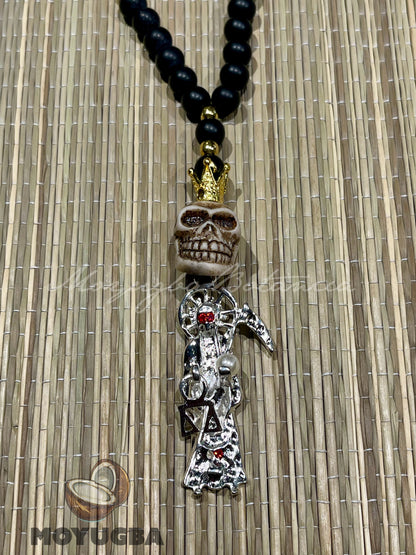Santa Muerte White Skull Rosary with Wood Beads