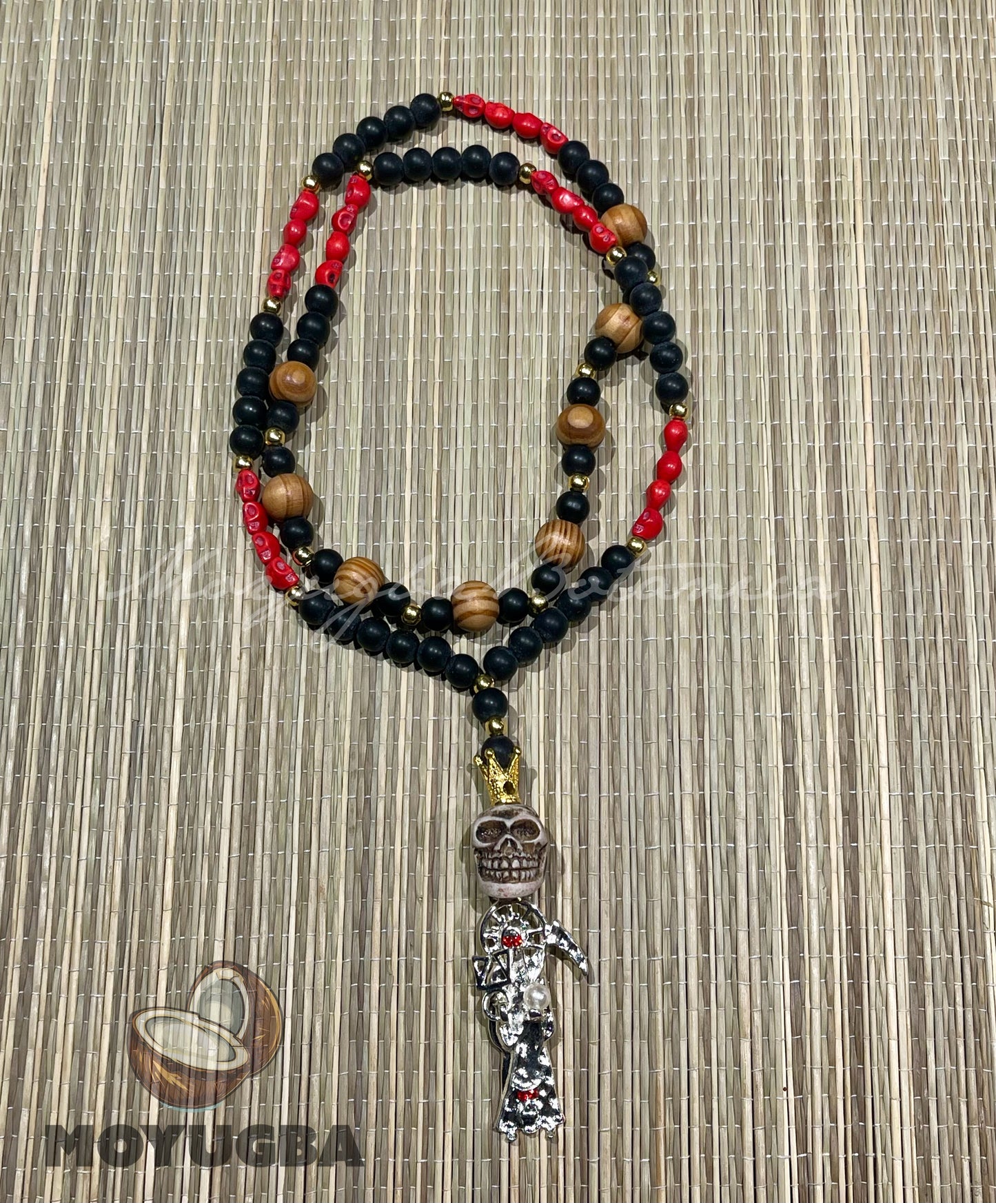 Santa Muerte Red Skull Rosary with Wood Beads