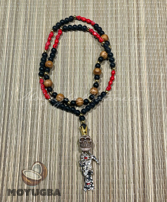 Santa Muerte Red Skull Rosary with Wood Beads