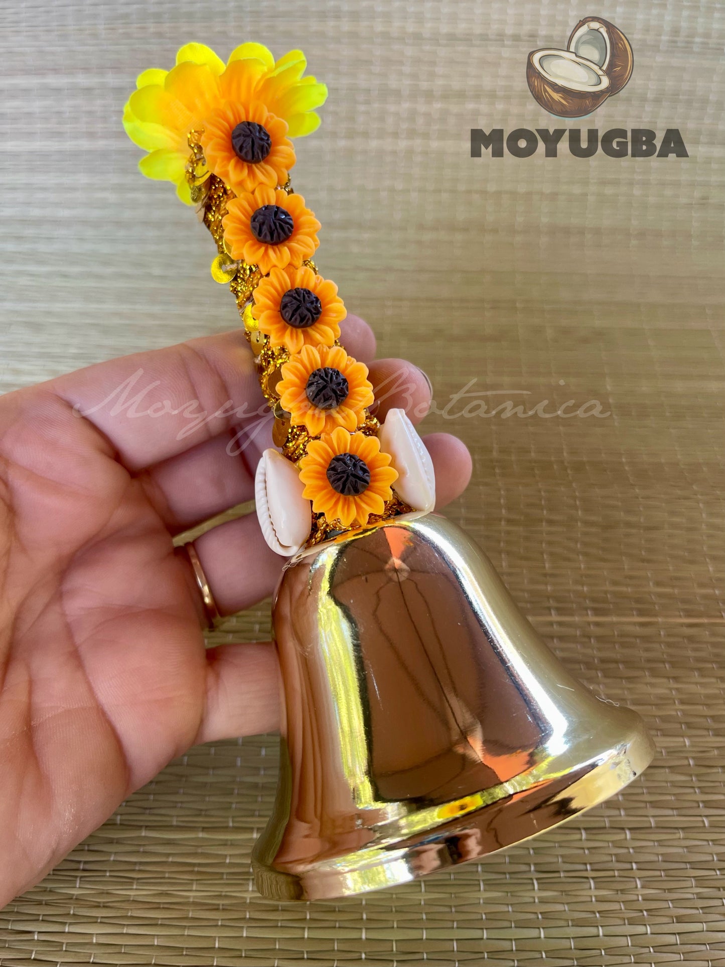 OSHUN Bell/Campana with Sunflowers and Cowrie Shells