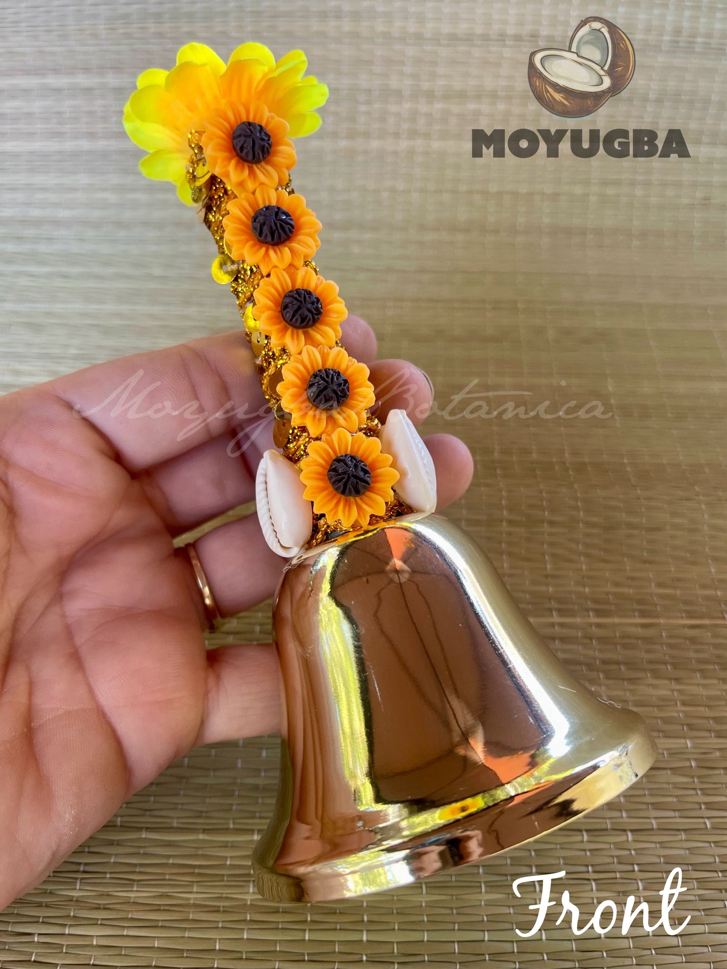 OSHUN Bell/Campana with Sunflowers and Cowrie Shells