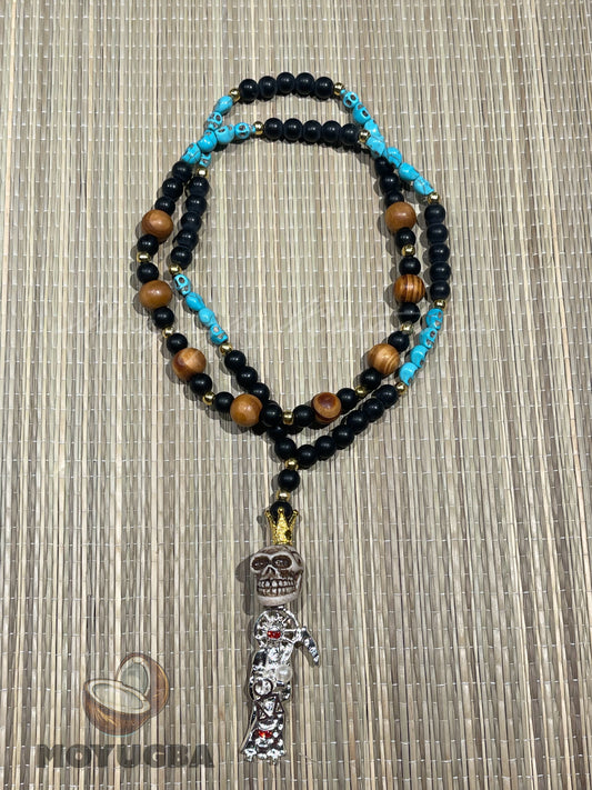 Santa Muerte Teal Blue Skull Rosary with Wood Beads