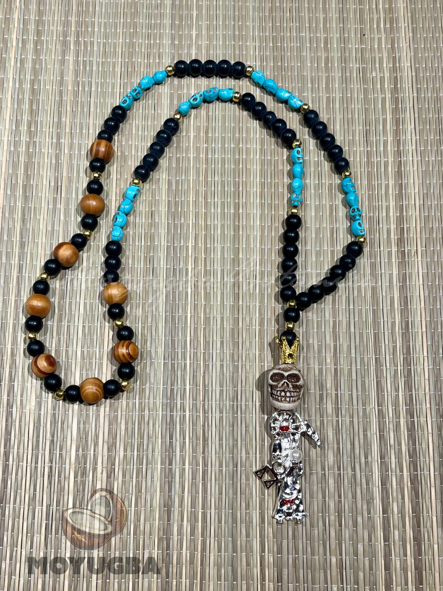 Santa Muerte Teal Blue Skull Rosary with Wood Beads