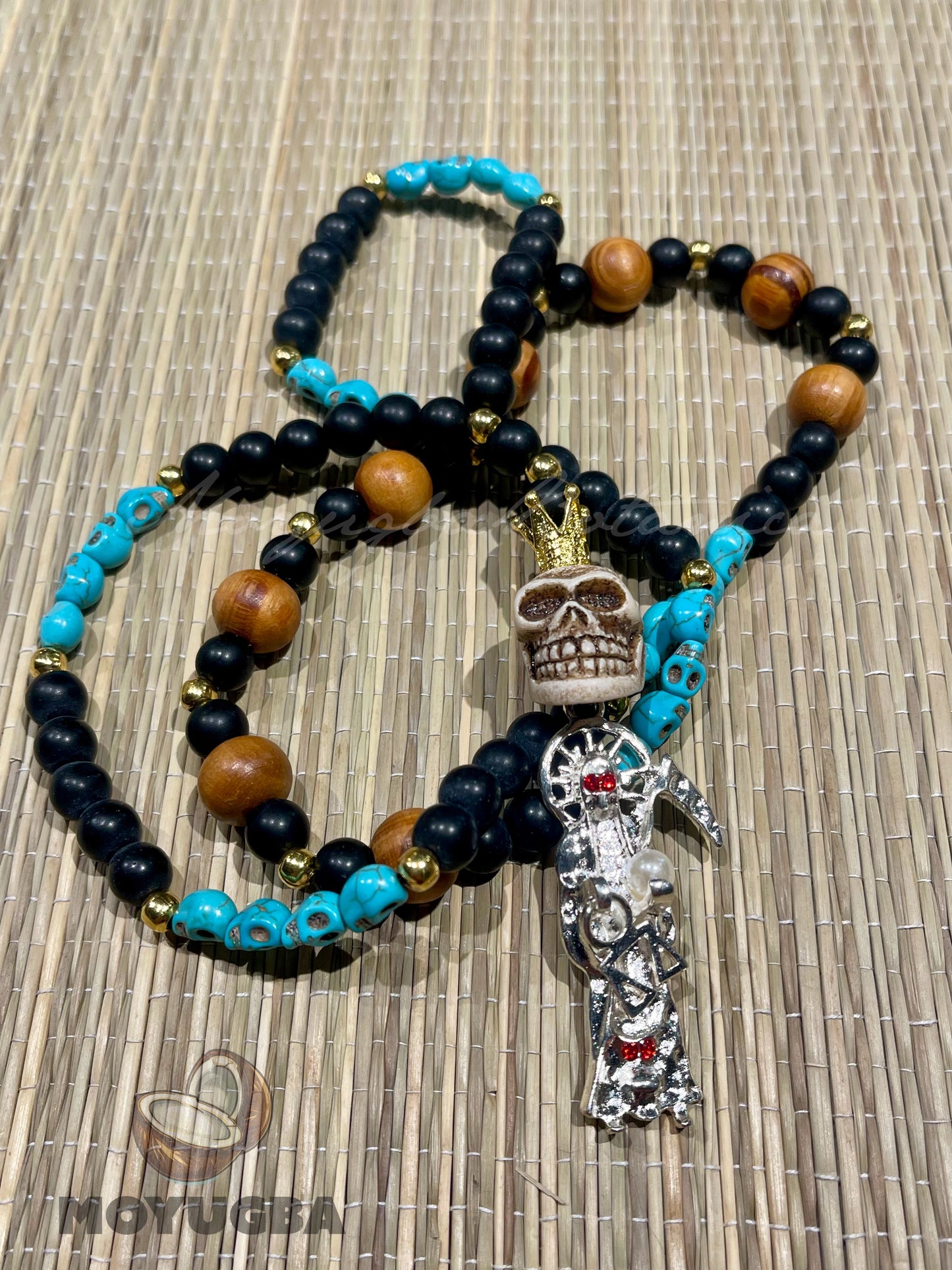 Santa Muerte Teal Blue Skull Rosary with Wood Beads