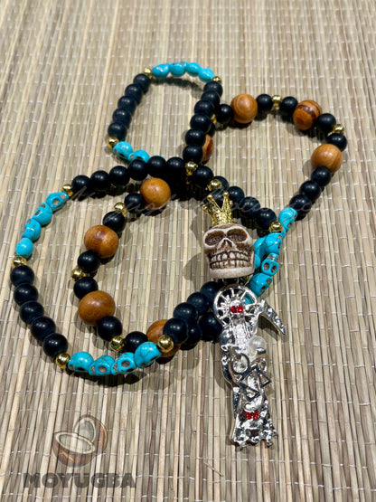Santa Muerte Teal Blue Skull Rosary with Wood Beads