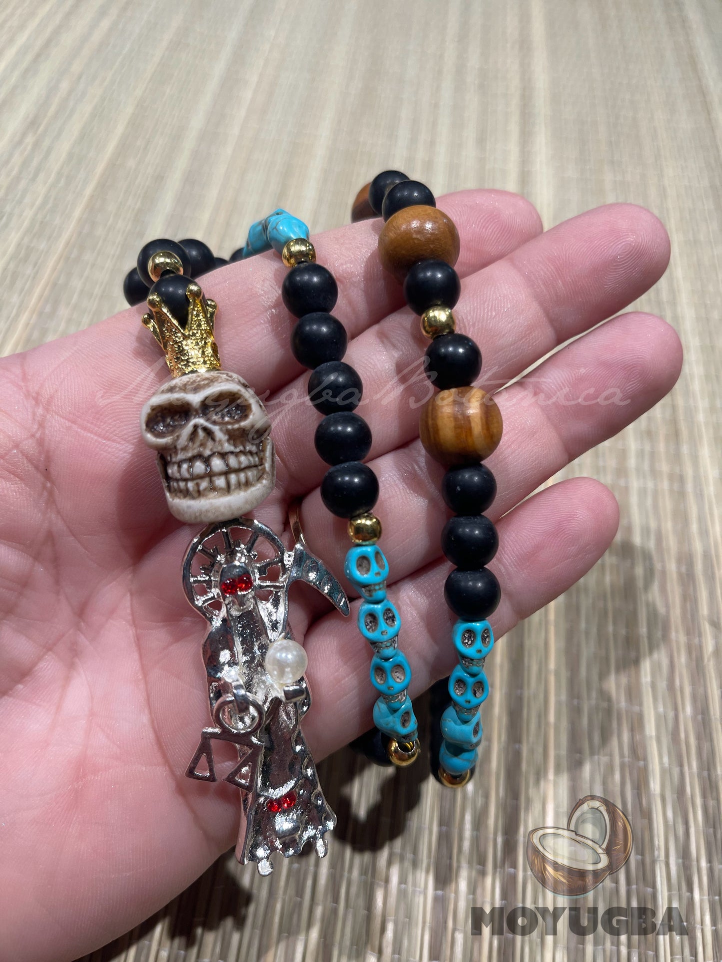 Santa Muerte Teal Blue Skull Rosary with Wood Beads
