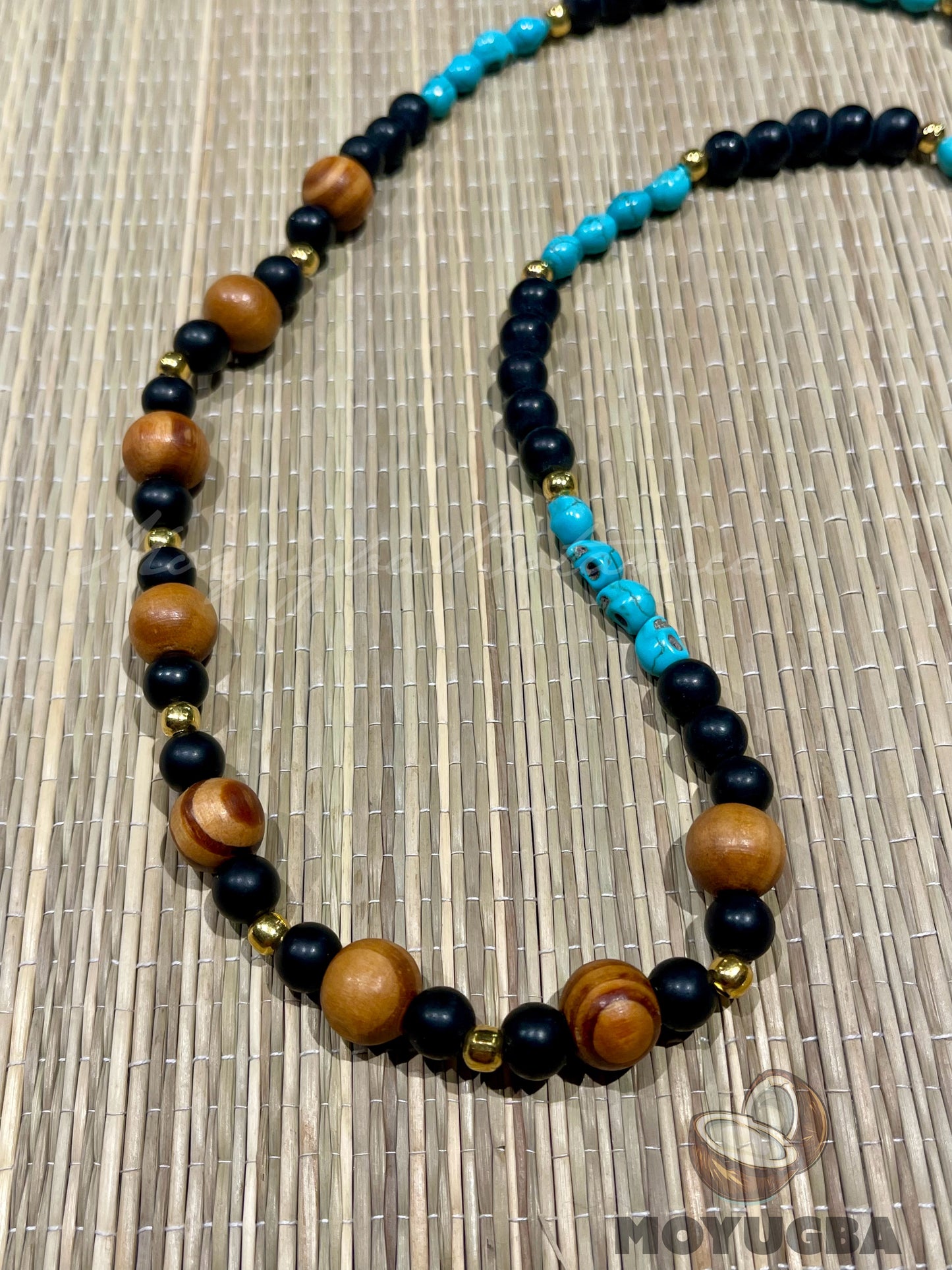 Santa Muerte Teal Blue Skull Rosary with Wood Beads