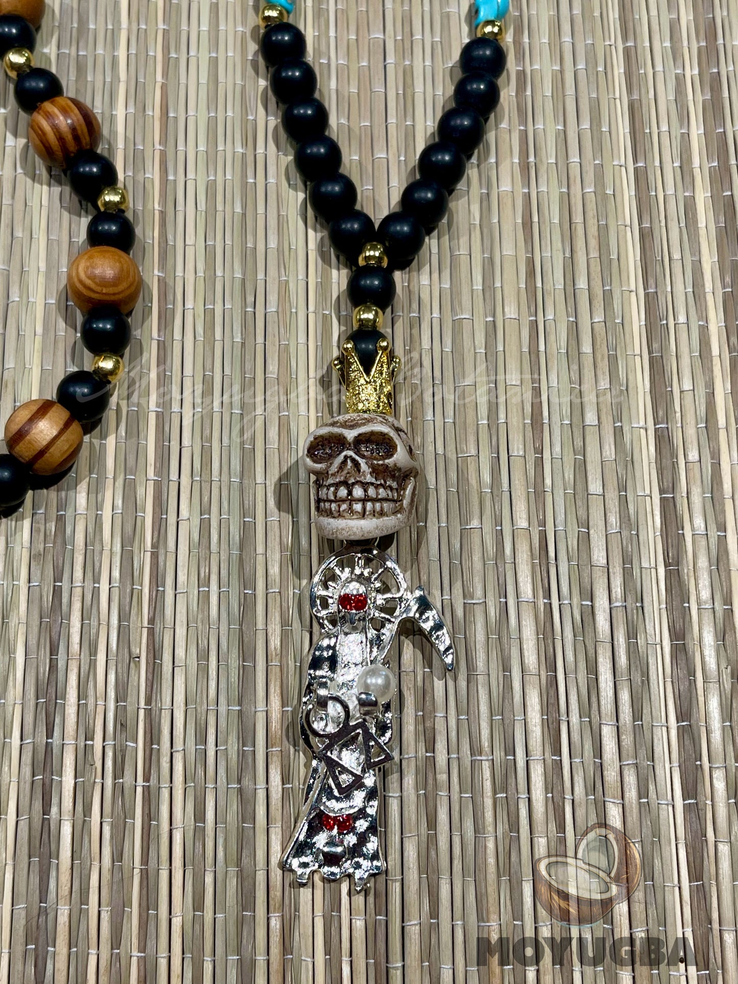 Santa Muerte Teal Blue Skull Rosary with Wood Beads
