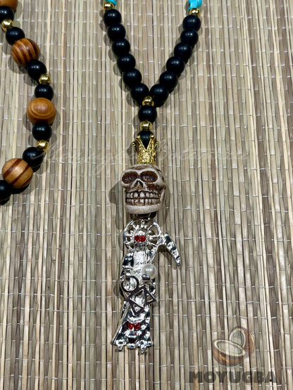 Santa Muerte Teal Blue Skull Rosary with Wood Beads