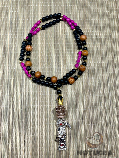 Santa Muerte Fuchsia Pink Rosary with Wood Beads