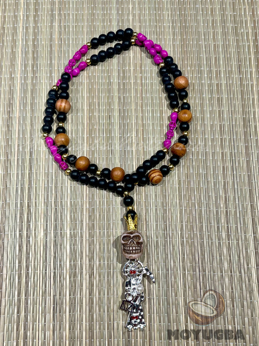 Santa Muerte Fuchsia Pink Rosary with Wood Beads