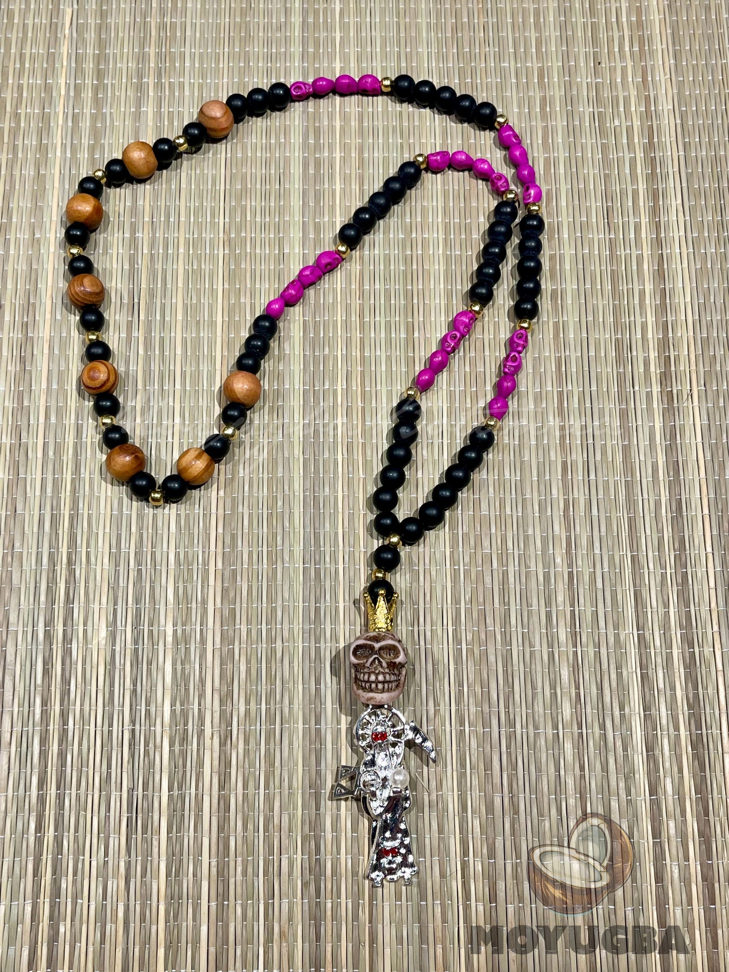 Santa Muerte Fuchsia Pink Rosary with Wood Beads