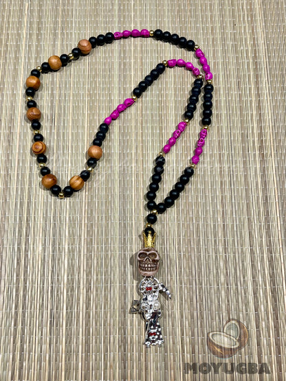 Santa Muerte Fuchsia Pink Rosary with Wood Beads