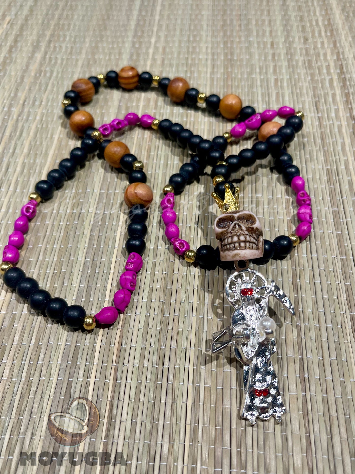 Santa Muerte Fuchsia Pink Rosary with Wood Beads