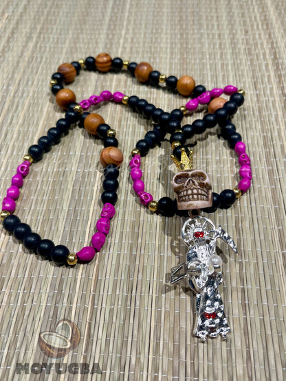 Santa Muerte Fuchsia Pink Rosary with Wood Beads