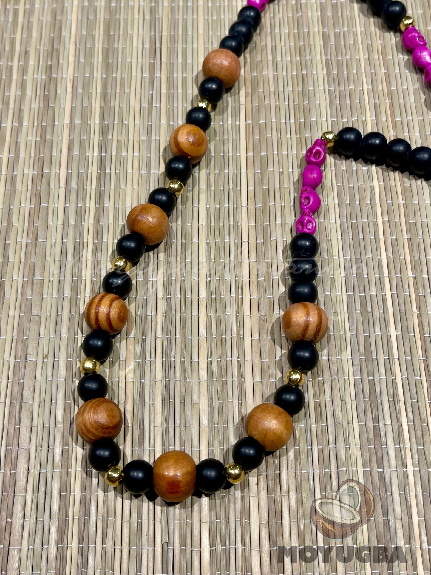 Santa Muerte Fuchsia Pink Rosary with Wood Beads