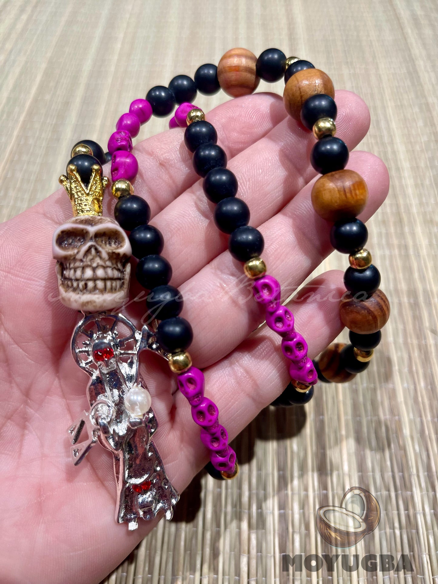 Santa Muerte Fuchsia Pink Rosary with Wood Beads