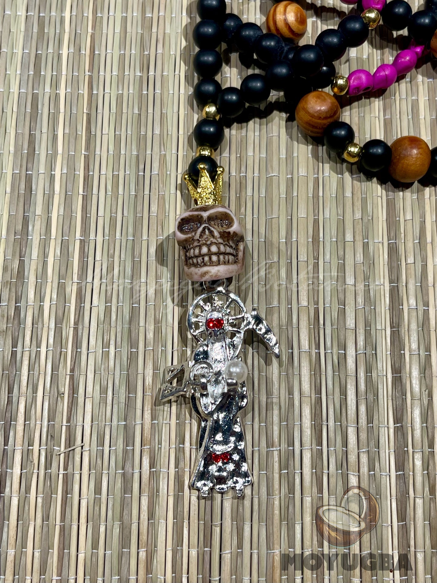 Santa Muerte Fuchsia Pink Rosary with Wood Beads